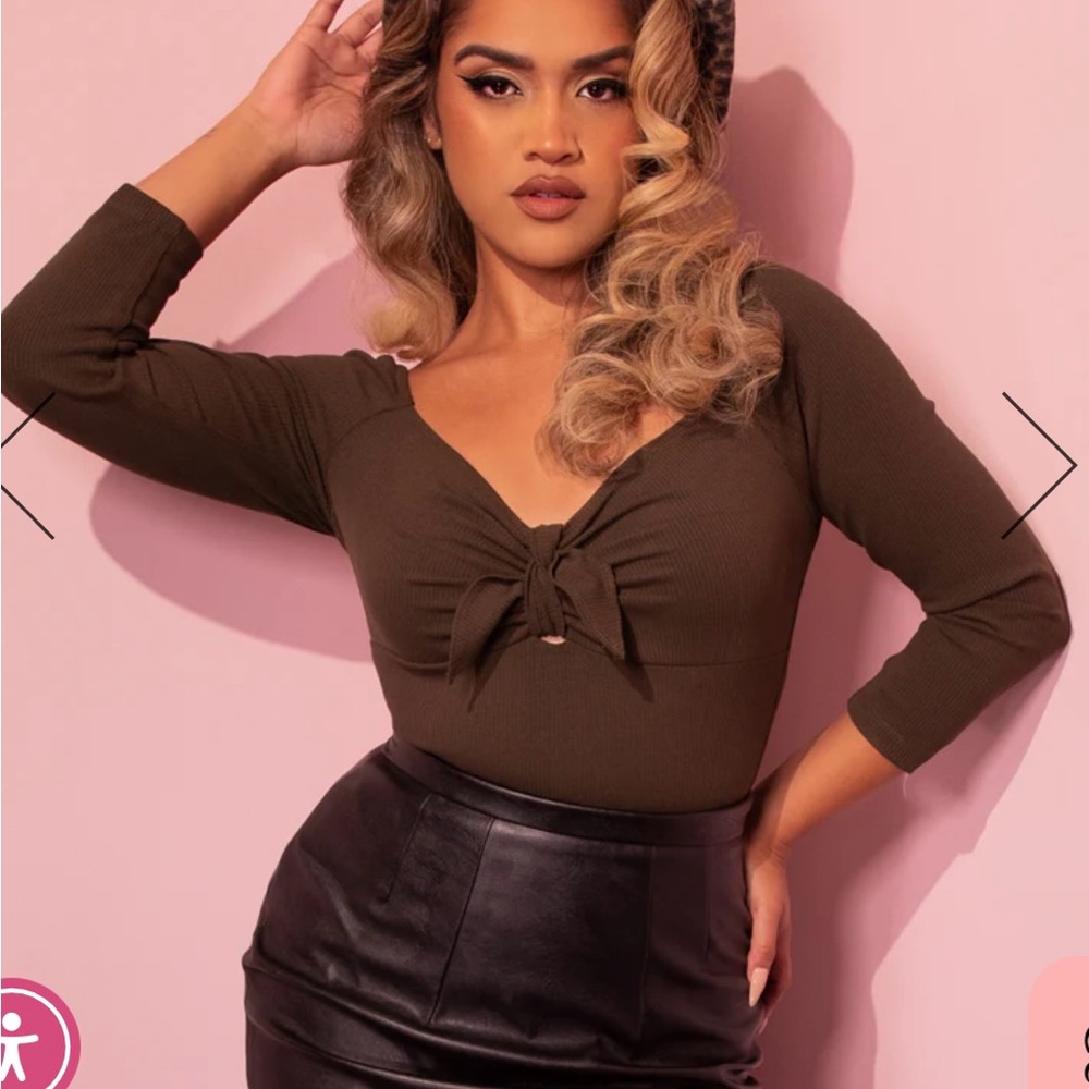 Vixen by Micheline Pitt Tie Me Up Top in Olive Green Long Sleeve Top